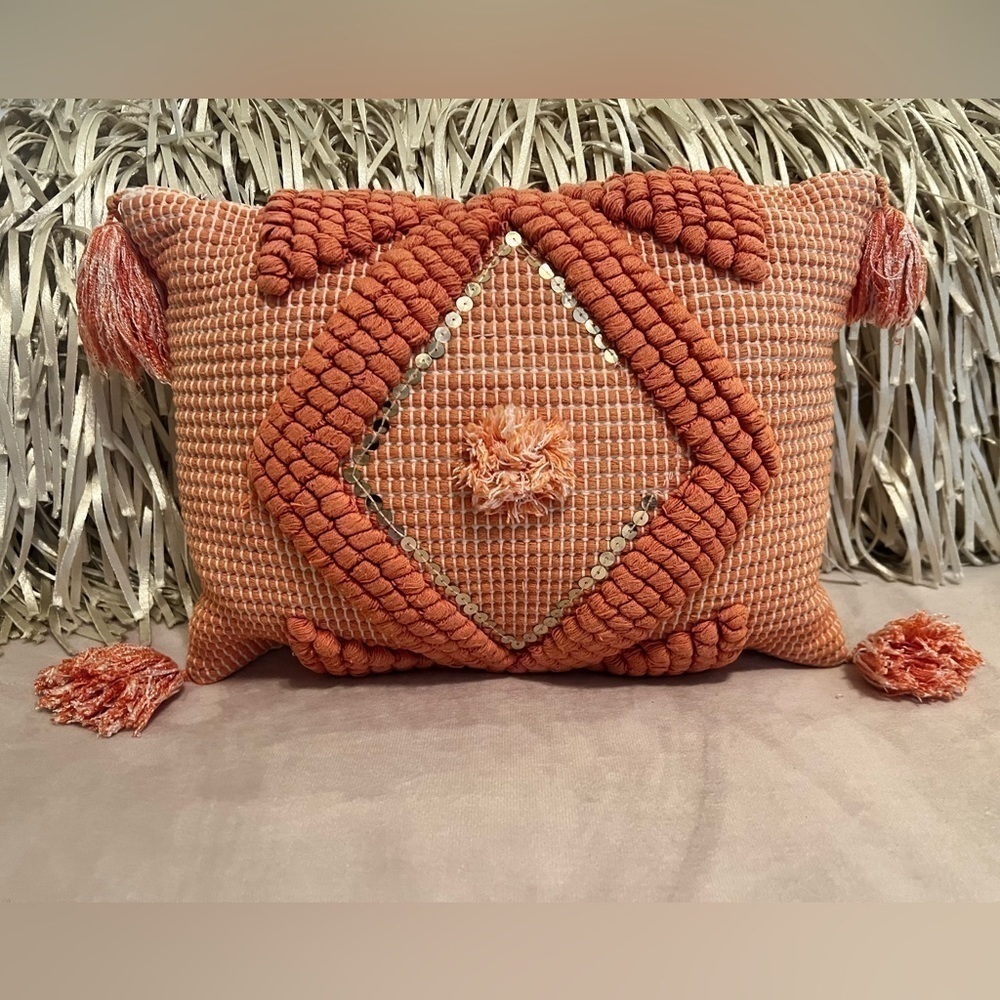 DECORATIVE PILLOW Macramé Orange Salman Tasseled off White 10” x 14” Rectangle